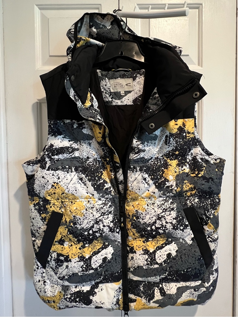 Hooded Puffer Down Vest- Black w White & Yellow Accents, Out & Inside Pockets